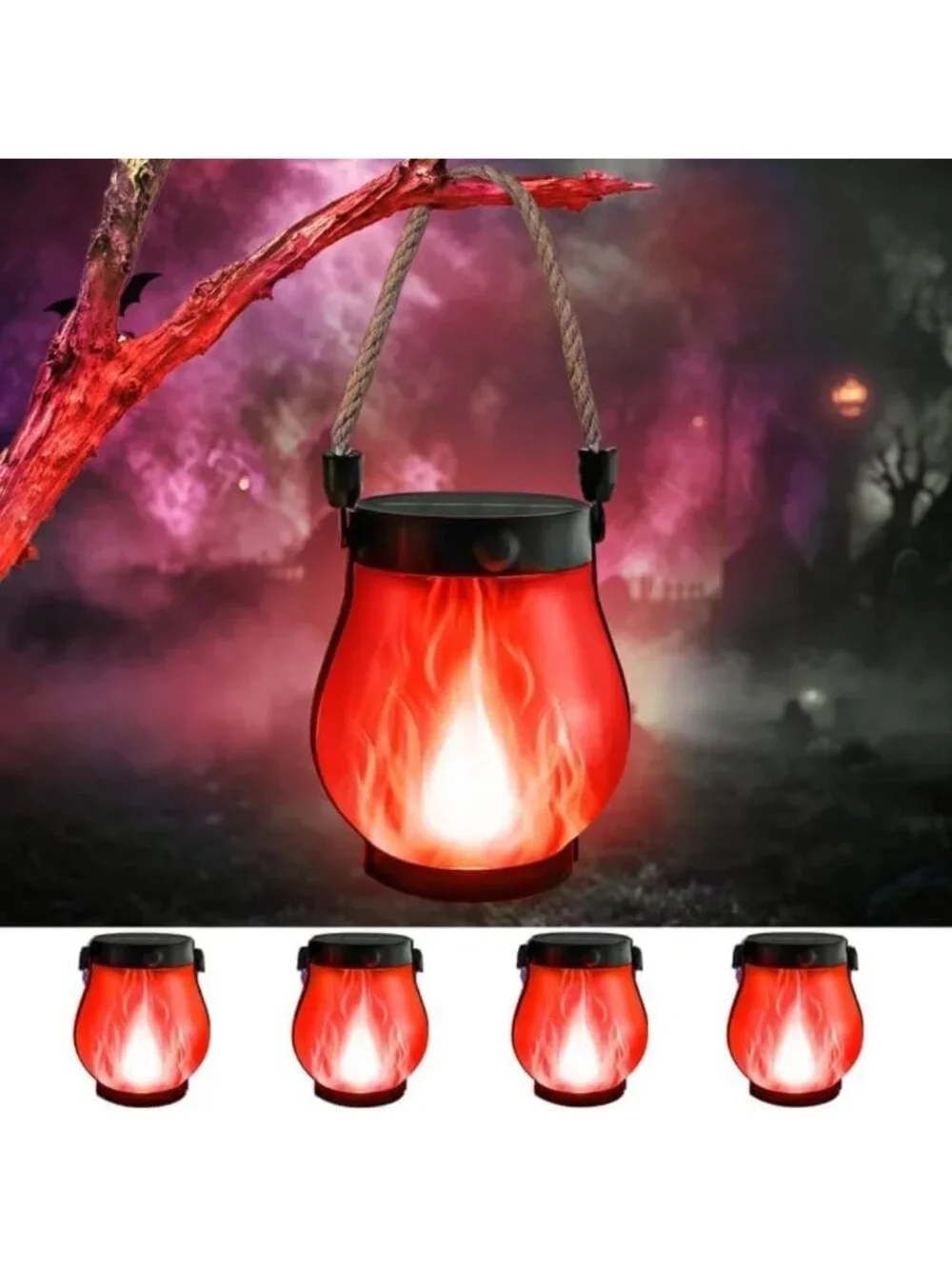 4 Pack Waterproof Halloween Solar Lanterns - Outdoor Red Flame Lights Decor